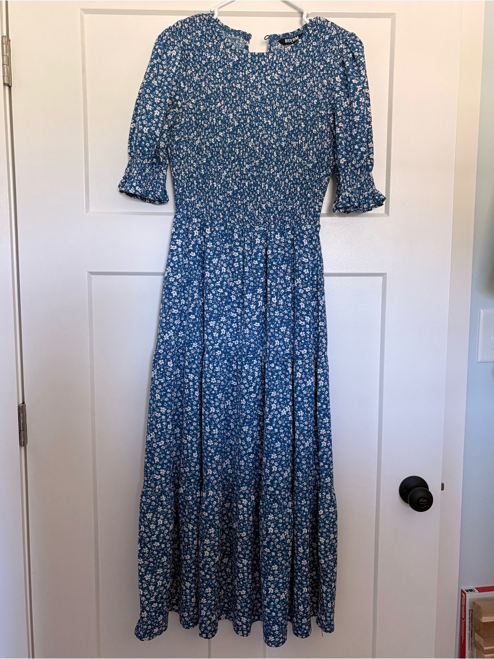 Blue Floral Smocked Maxi Dress with Puff Sleeves